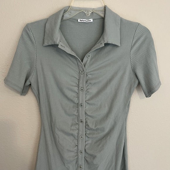 Reformation Dresses & Skirts - Reformation Dress Medium Lennon Ruched Button Up Ribbed Polo Collared Green Gray